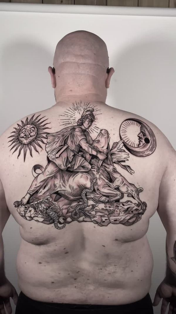 Sun, Moon, Mythological figure, Bull, Snake