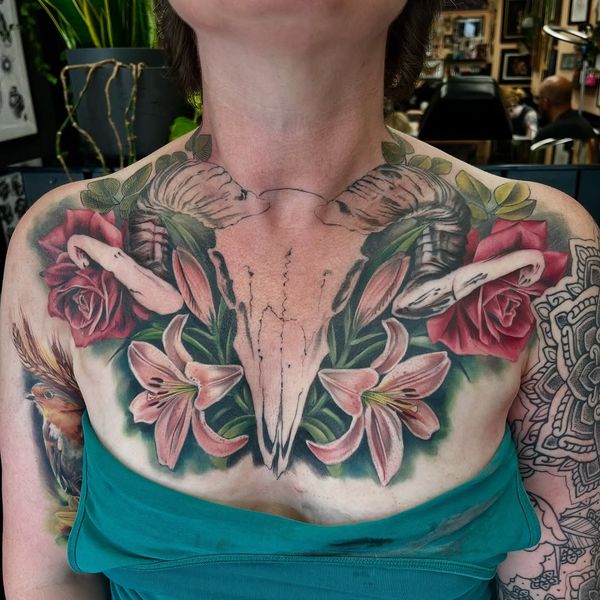 Skull, Ram Horns, Lilies, Roses