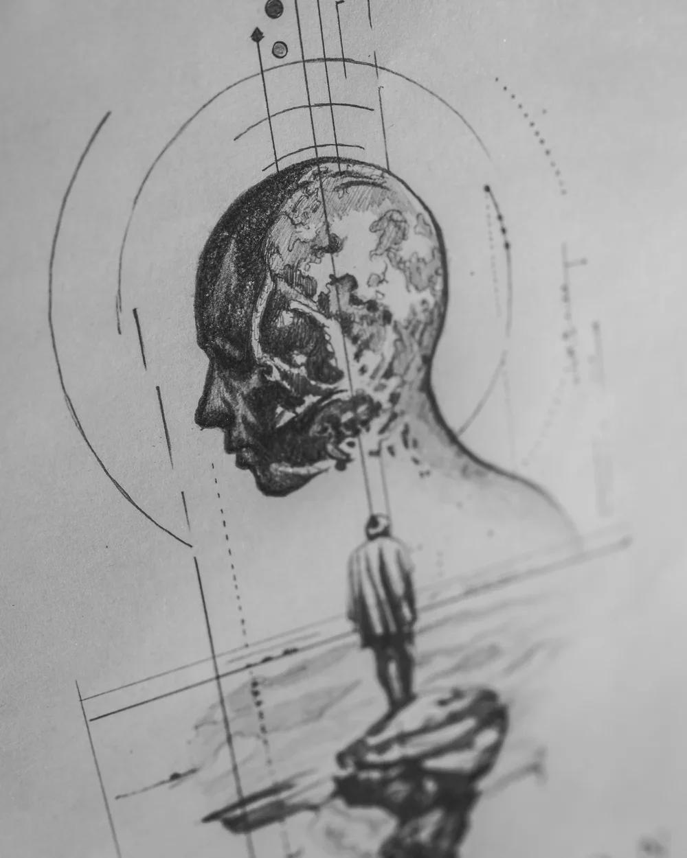 Planet,Human figure,Landscape,Geometric shapes