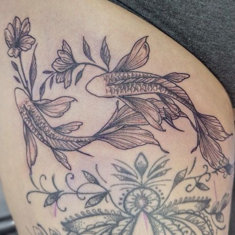 Koi Fish, Flowers, Leaves, Ornamental Pattern