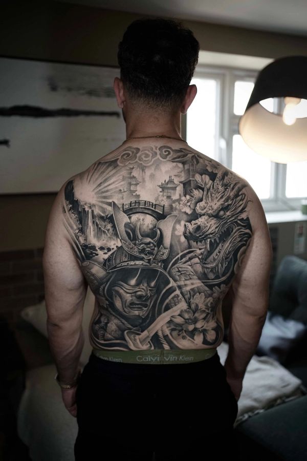 Samurai,Dragon,Cherry blossoms,Pagoda,Bridge