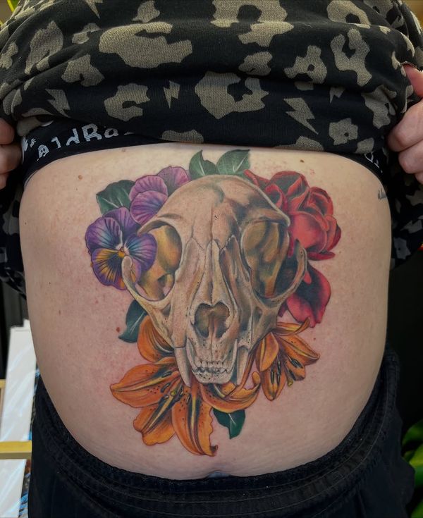 skull, lily, rose, pansy