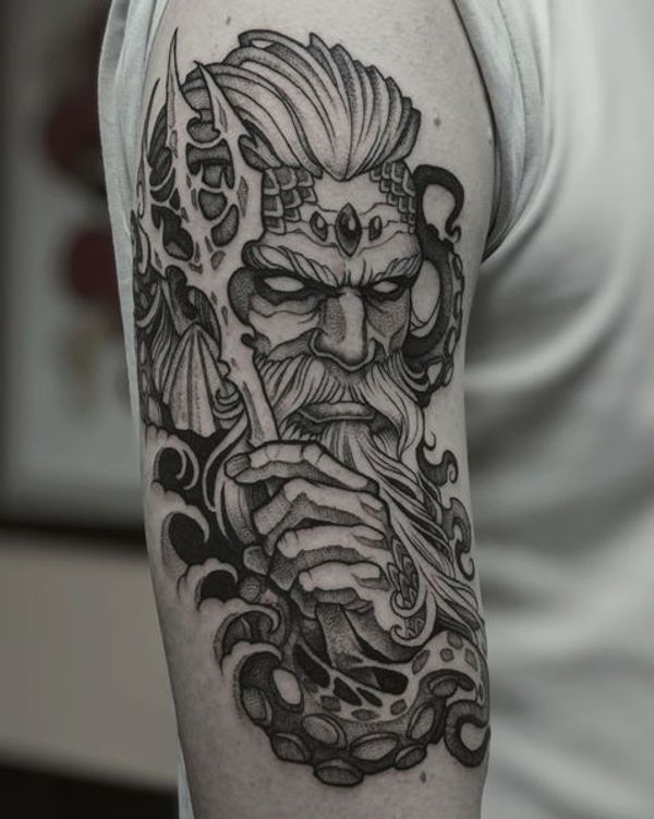 Mythical god, Bearded man, Spear, Tentacles