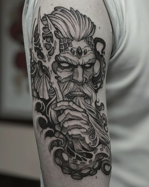 Mythical god, Bearded man, Spear, Tentacles