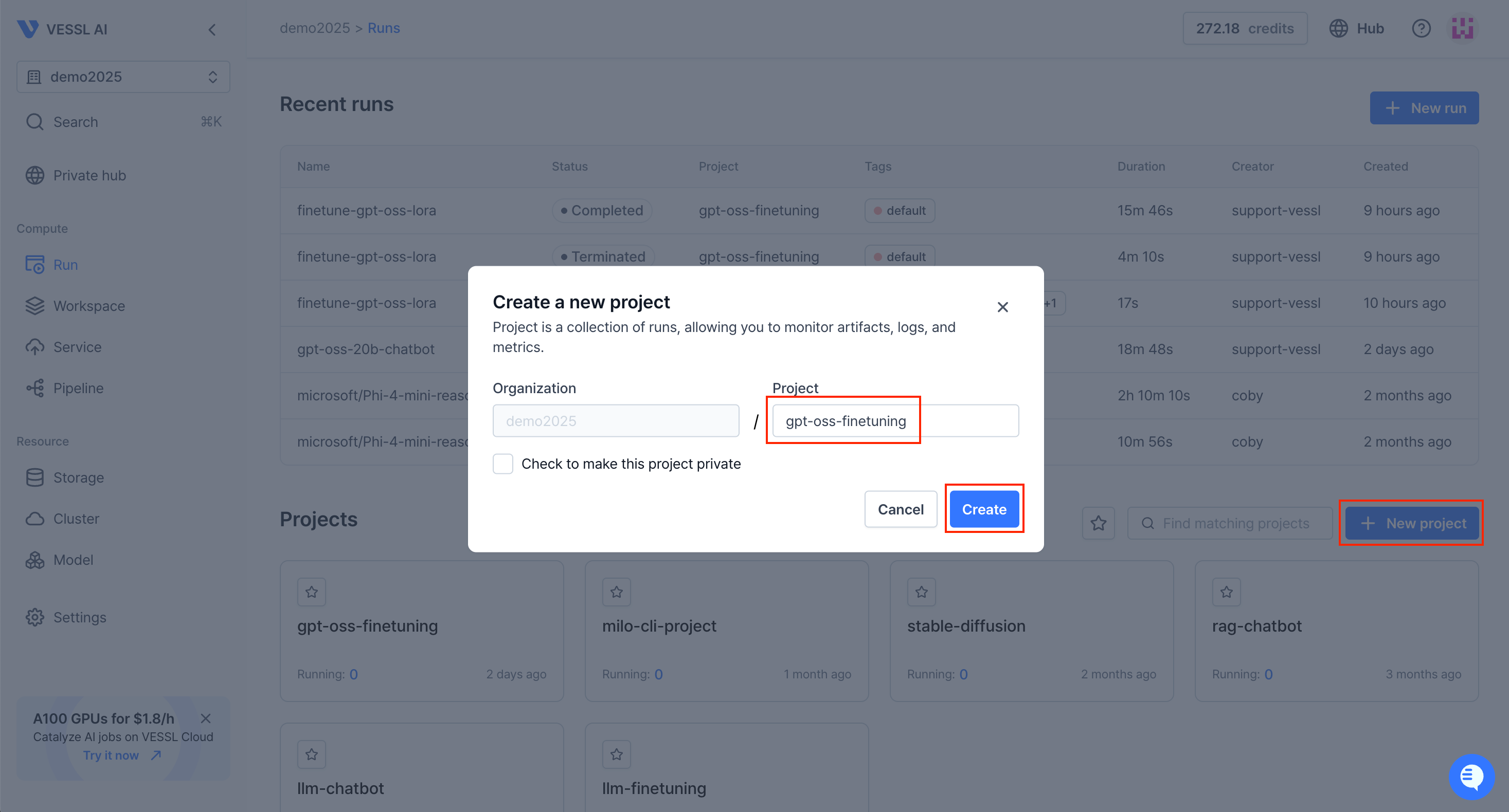 Create a VESSL account and project.