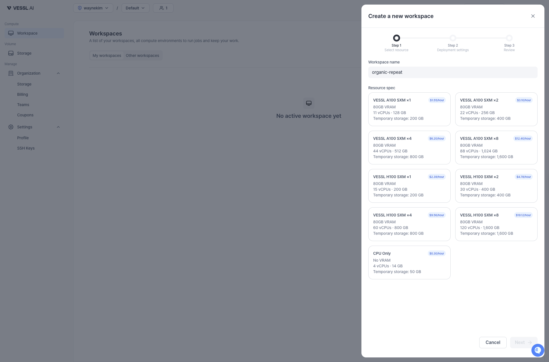 vessl cloud workspace 만들기