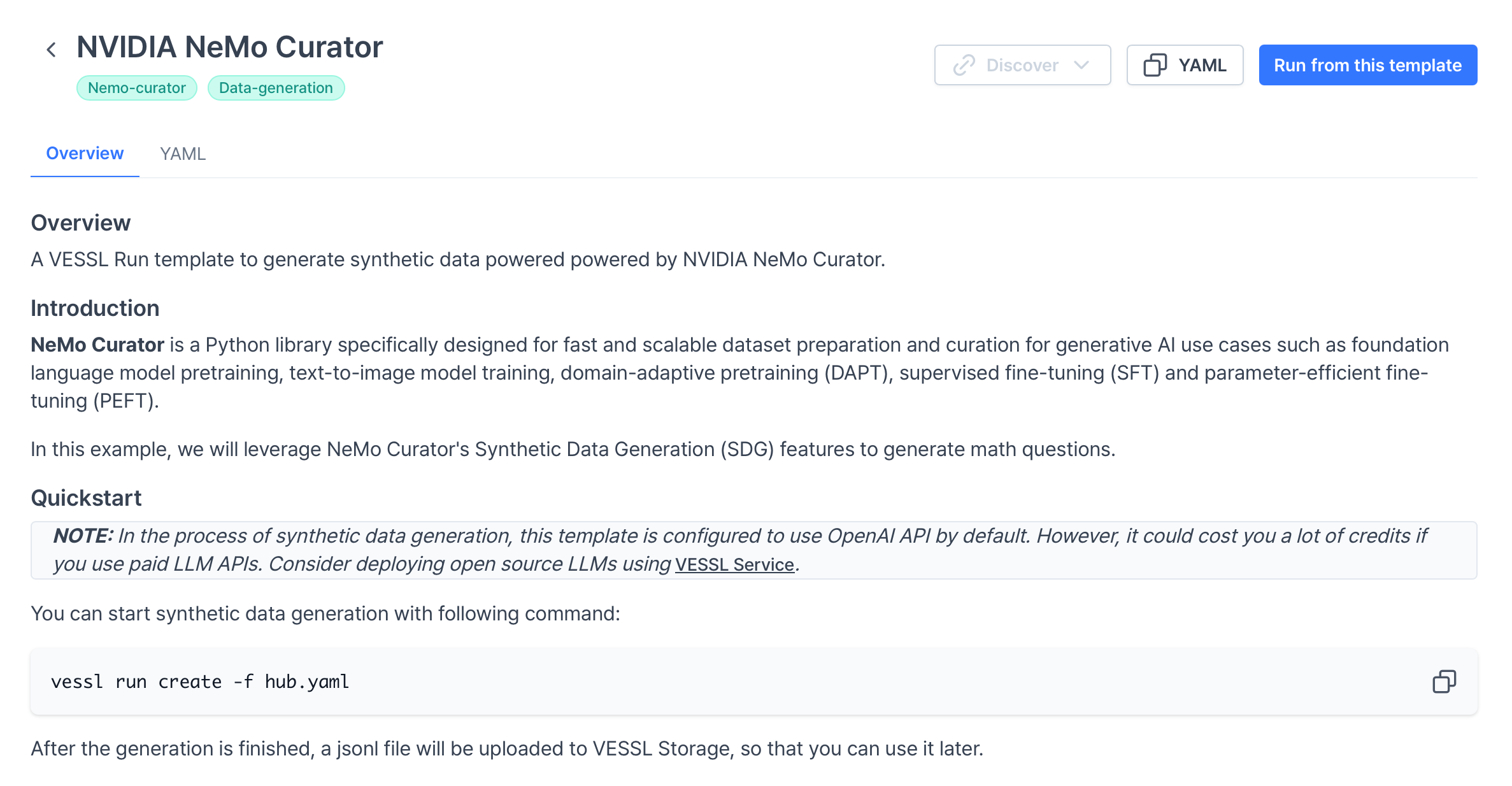 VESSL Hub의 NVIDIA Nemo Curator 화면