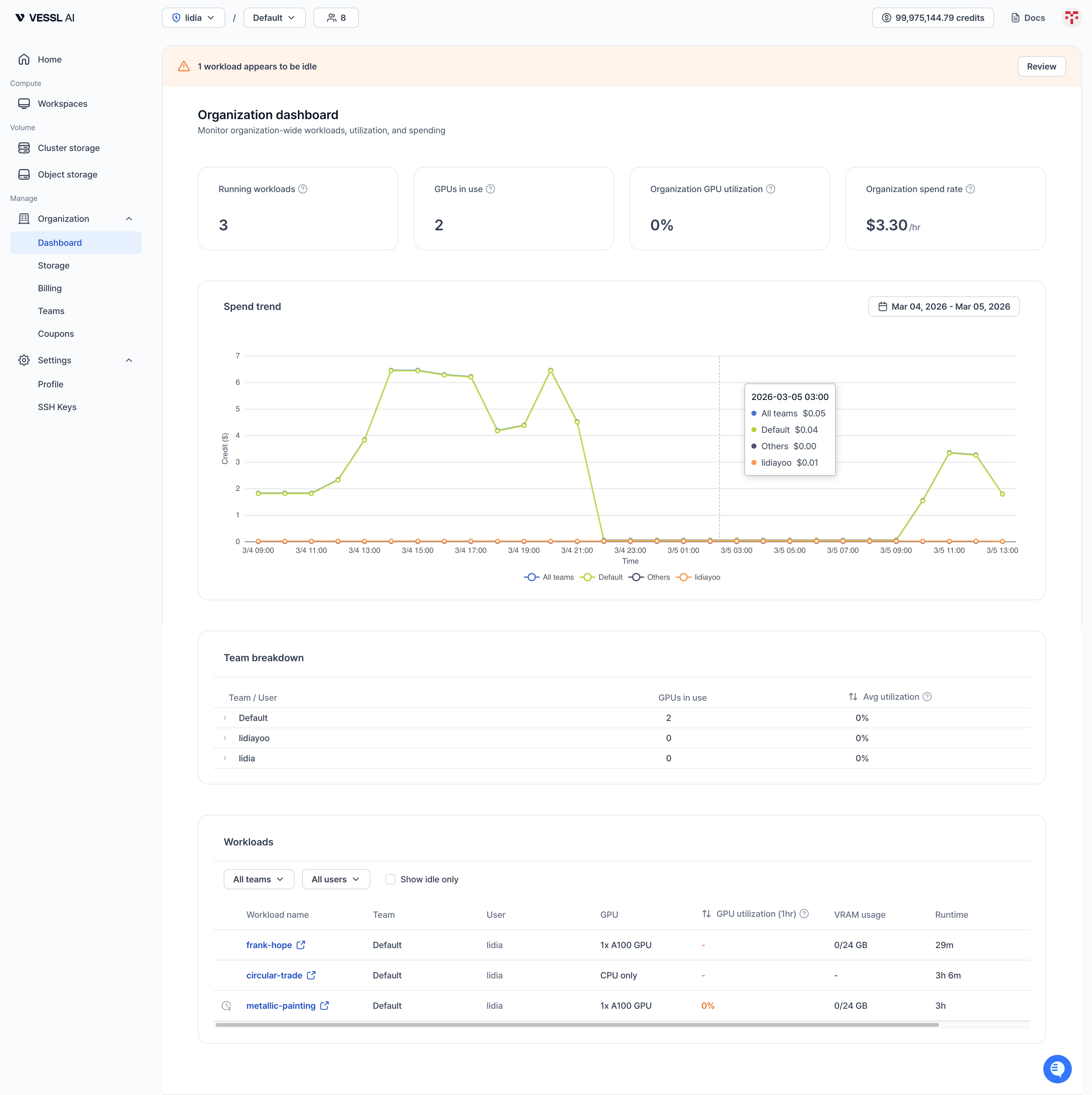 Organization Dashboard overview for admins in VESSL