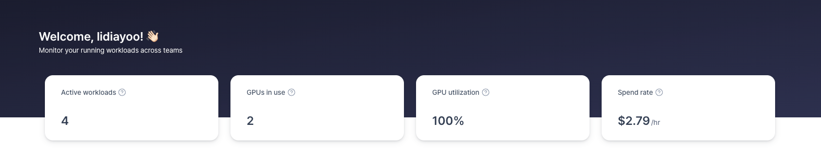 VESSL Home Dashboard summary cards for active workloads, GPUs in use, utilization, and spend rate