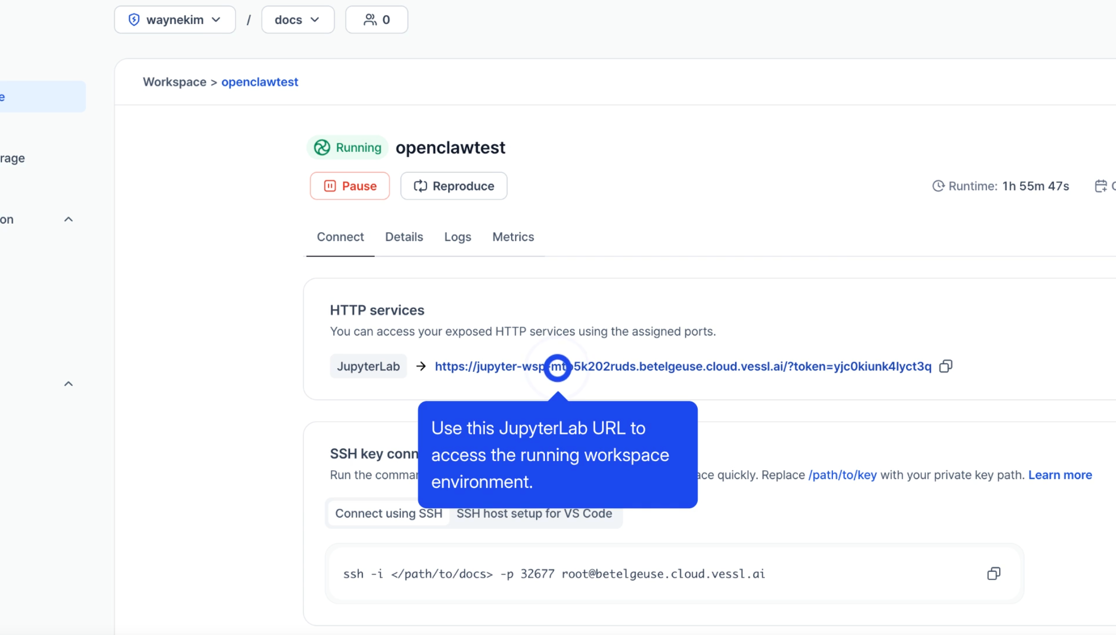 Open a terminal in your VESSL Cloud workspace
