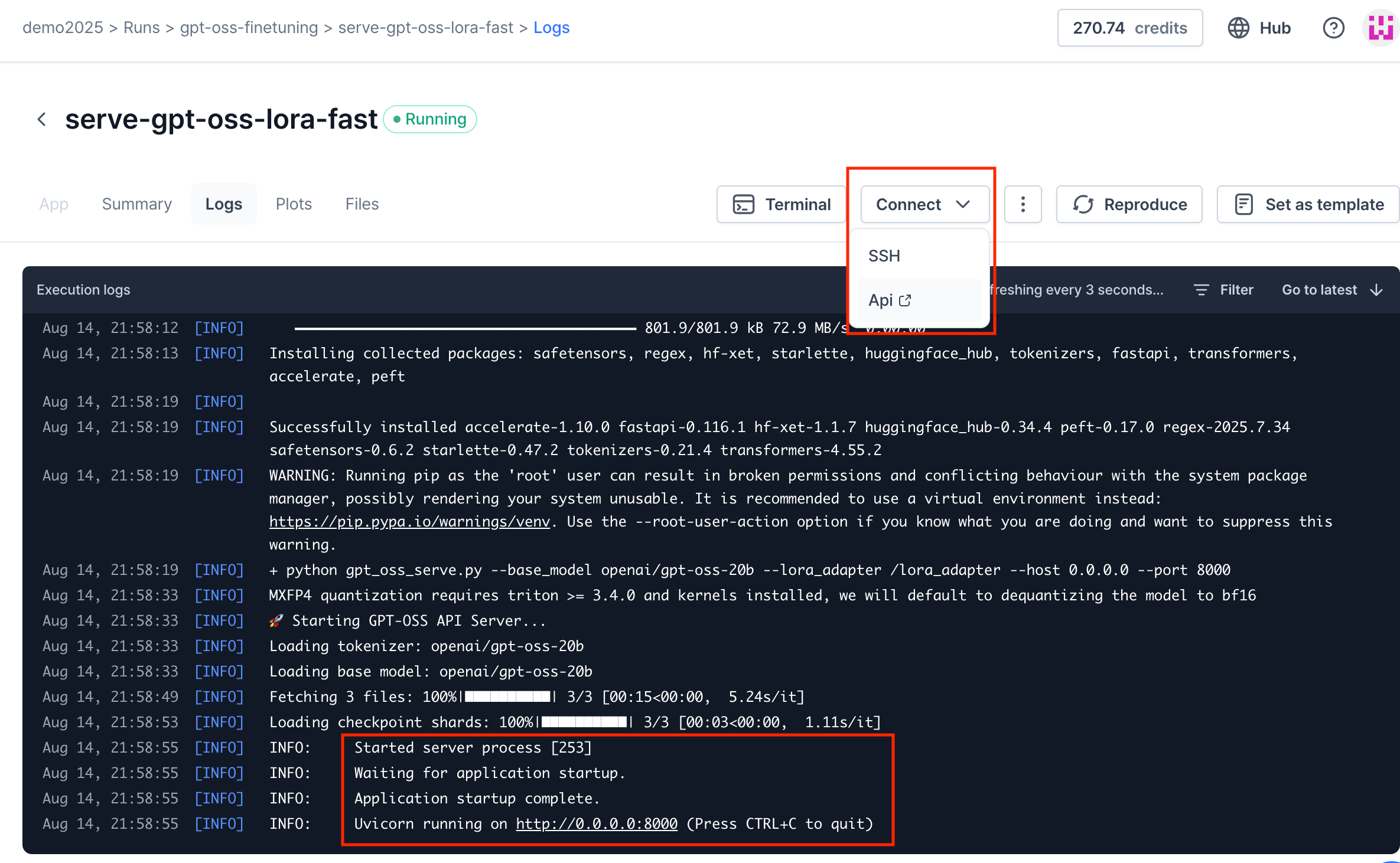 The test screen with endpoint in run