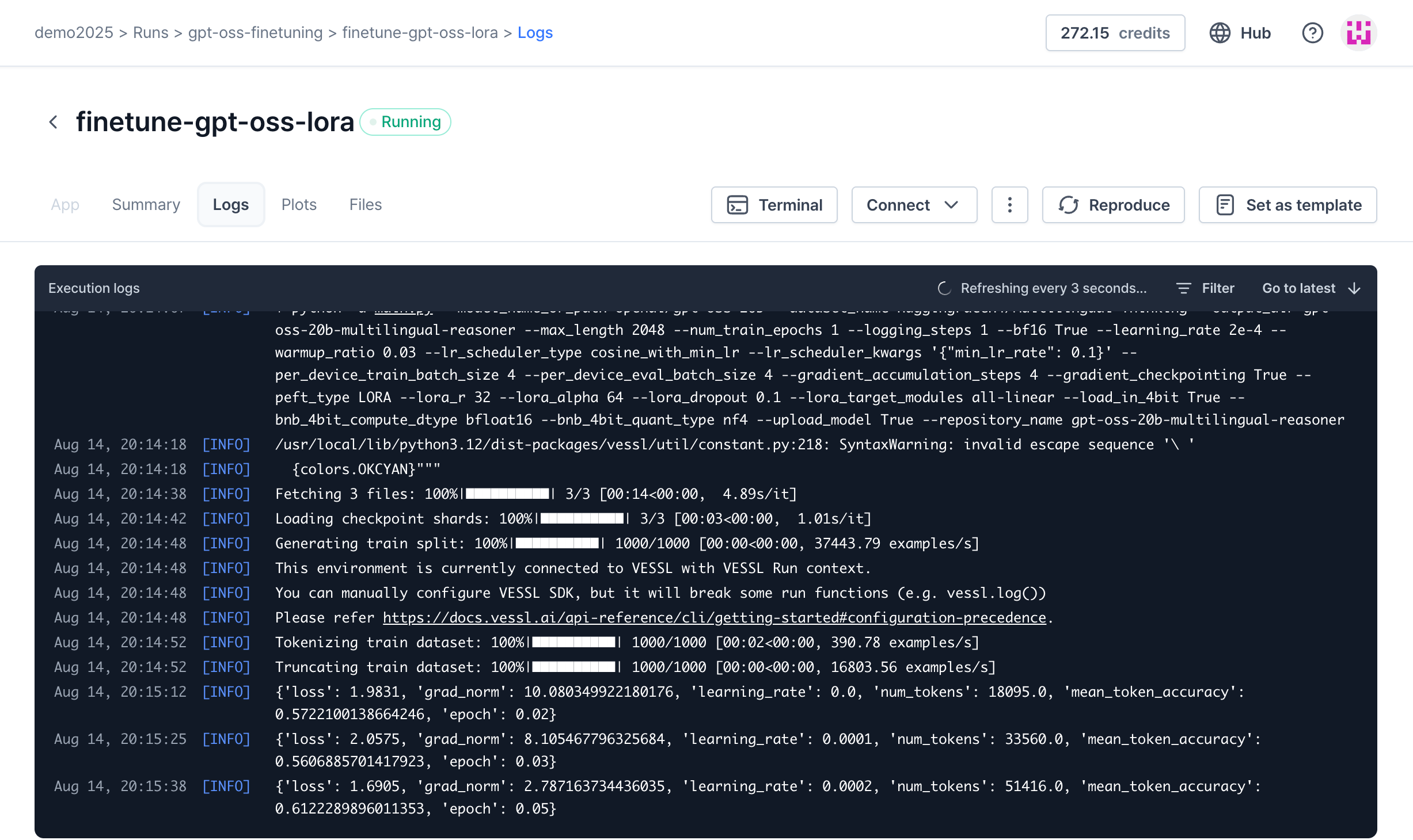 The logs in the run.
