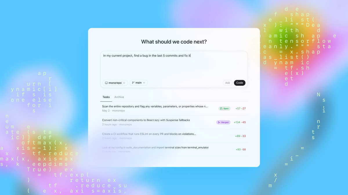 OpenAI Codex interface screenshot showing task suggestions, code generation, and repository options.