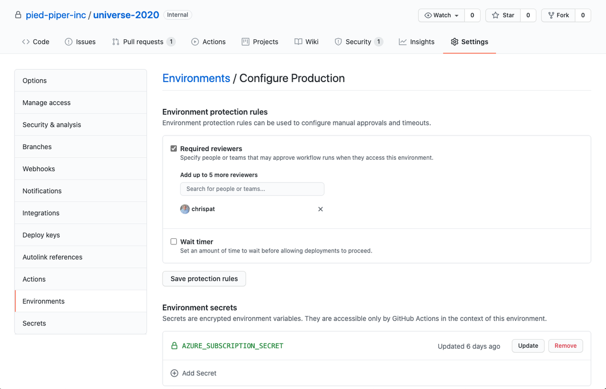  GitHub environments can require reviewers, restrict deployment branches, and keep environment secrets unavailable until approval. 