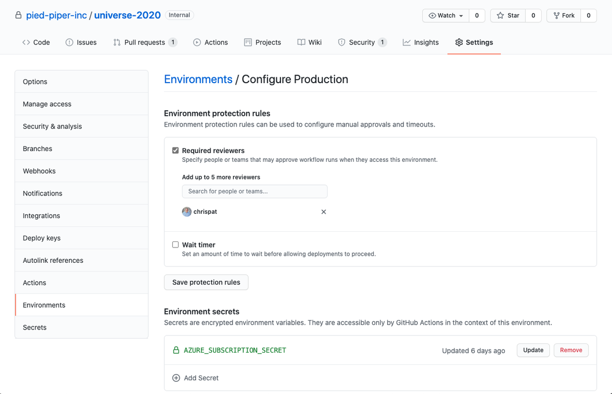 GitHub environments can require reviewers, restrict deployment branches, and keep environment secrets unavailable until approval.