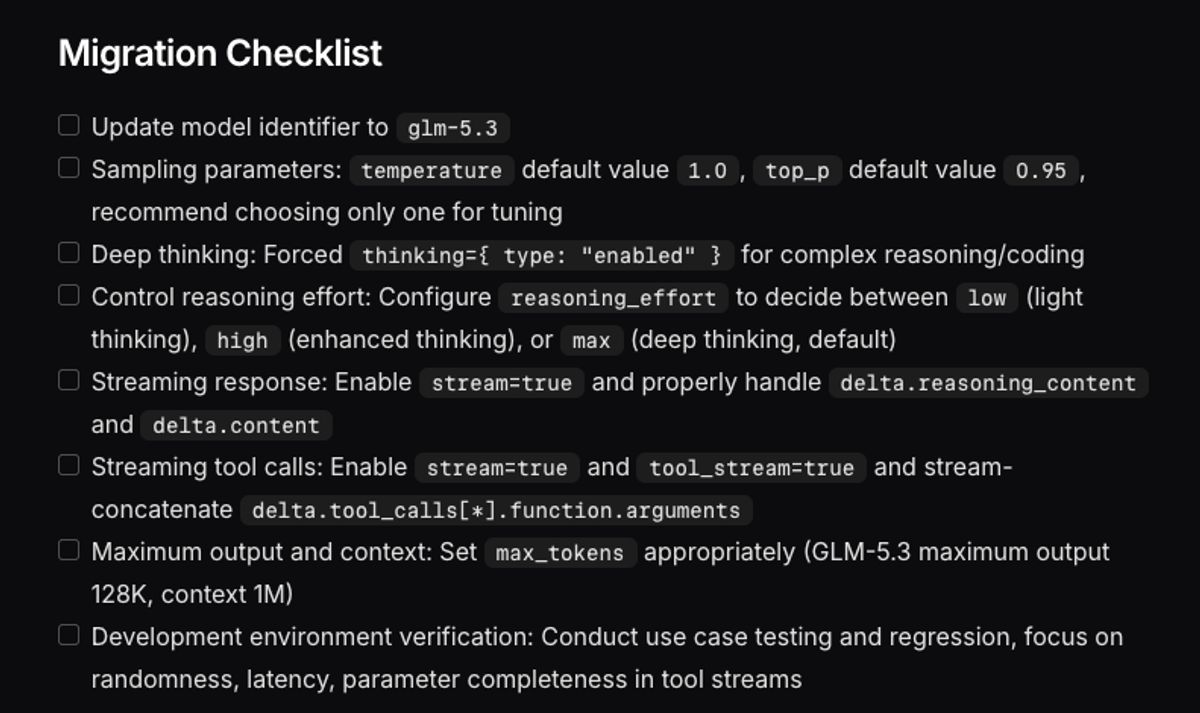  Z.ai's GLM 5.3 migration checklist instructs you to set it to enabled and reasoning_effort to low before changing the model ID, or the request fails.