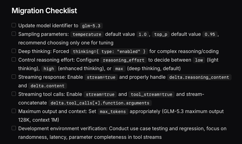 Z.ai's GLM 5.3 migration checklist instructs you to set it to enabled and reasoning_effort to low before changing the model ID, or the request fails.