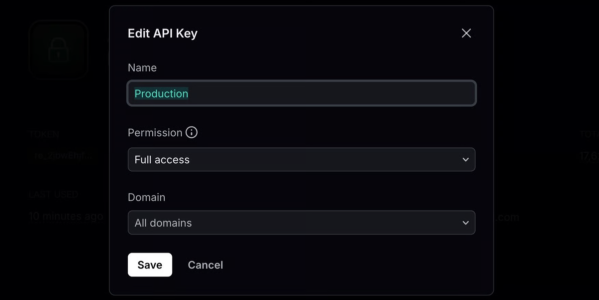 Resend Edit API Key dialog with permission and domain restriction.