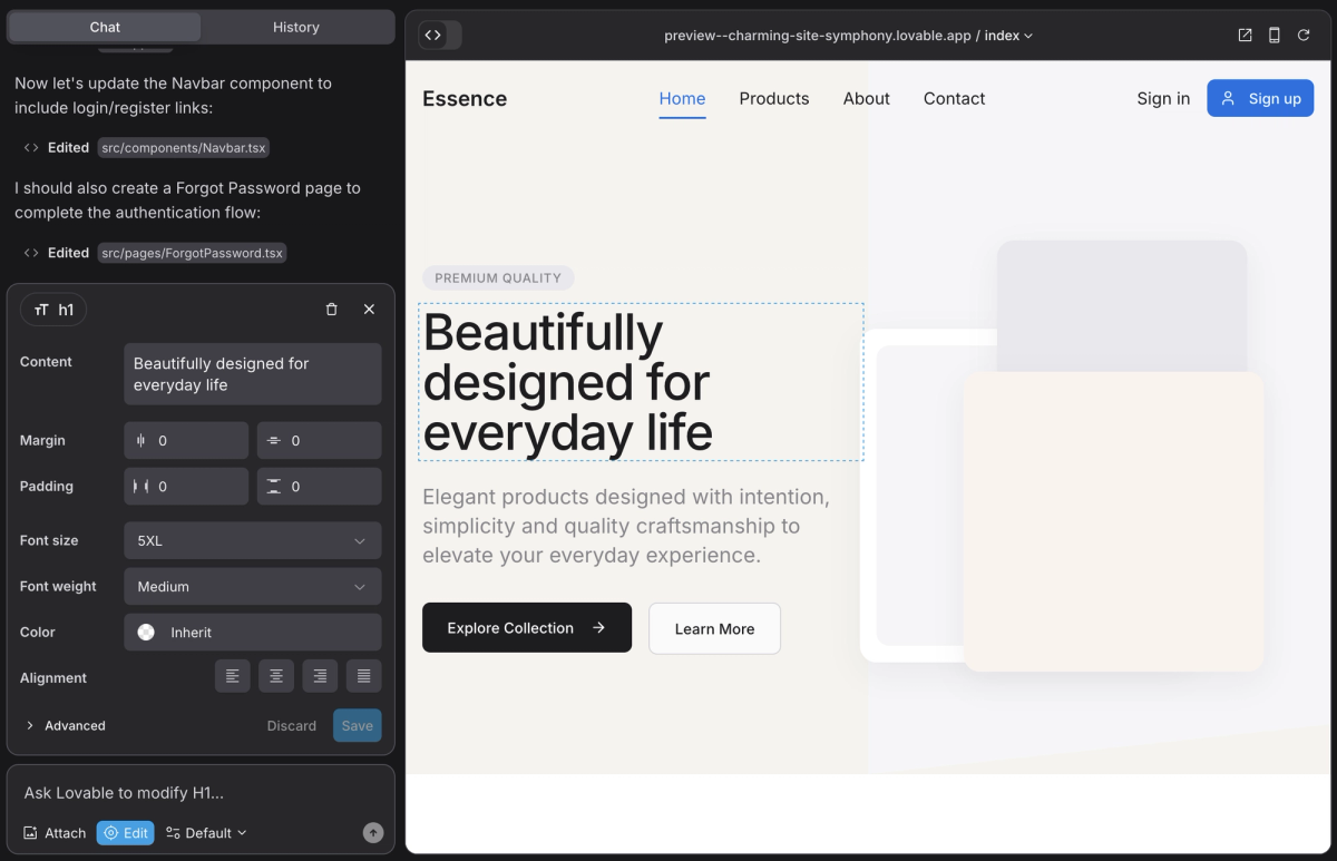 Lovable official chat and live preview with visual edit controls.