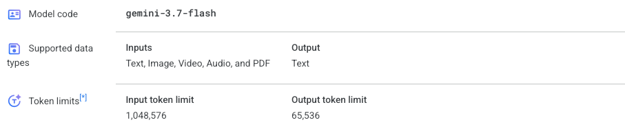 Gemini 3.7 Flash accepts text, images, video, audio, and PDFs with 1,048,576 input tokens and 65,536 output tokens.