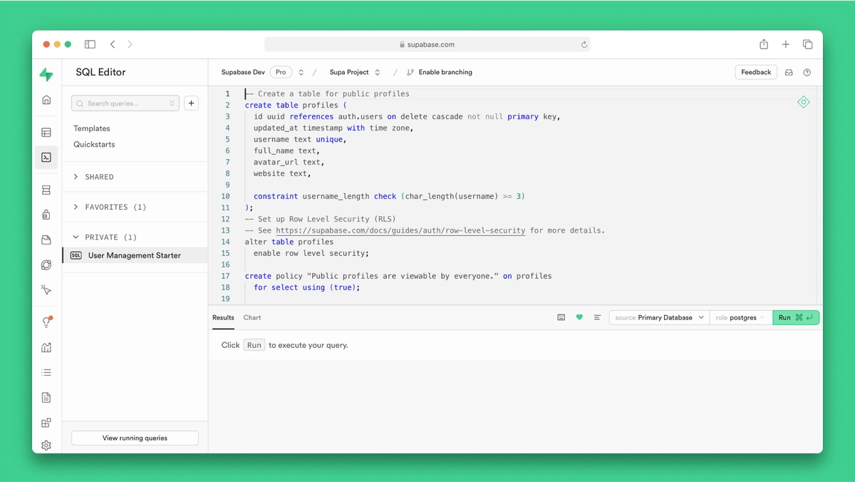 SQL Editor runs as a privileged dashboard role. A green result here does not prove the public client is safe. Re-run the same checks through the Data API with the publishable key.
