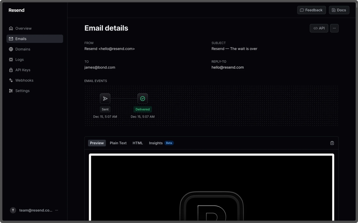 Resend email details showing Sent and Delivered as separate events.