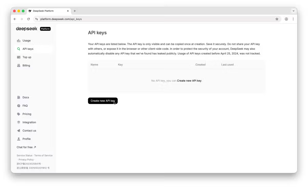 DeepSeek API key'i oluştur