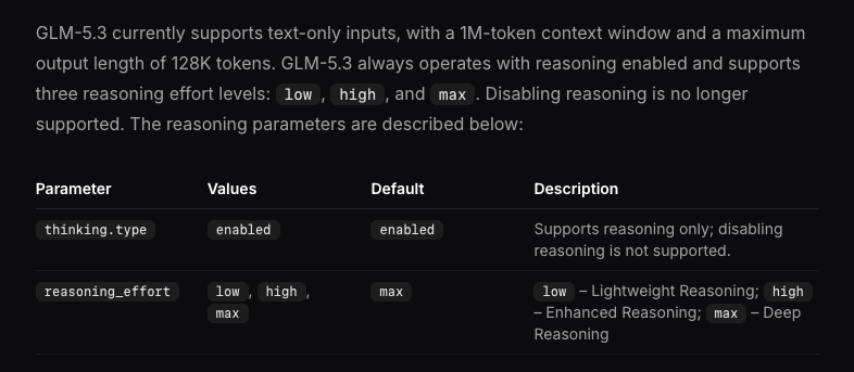 GLM 5.3 is text-only with a 1M-token input window and 128K maximum output;