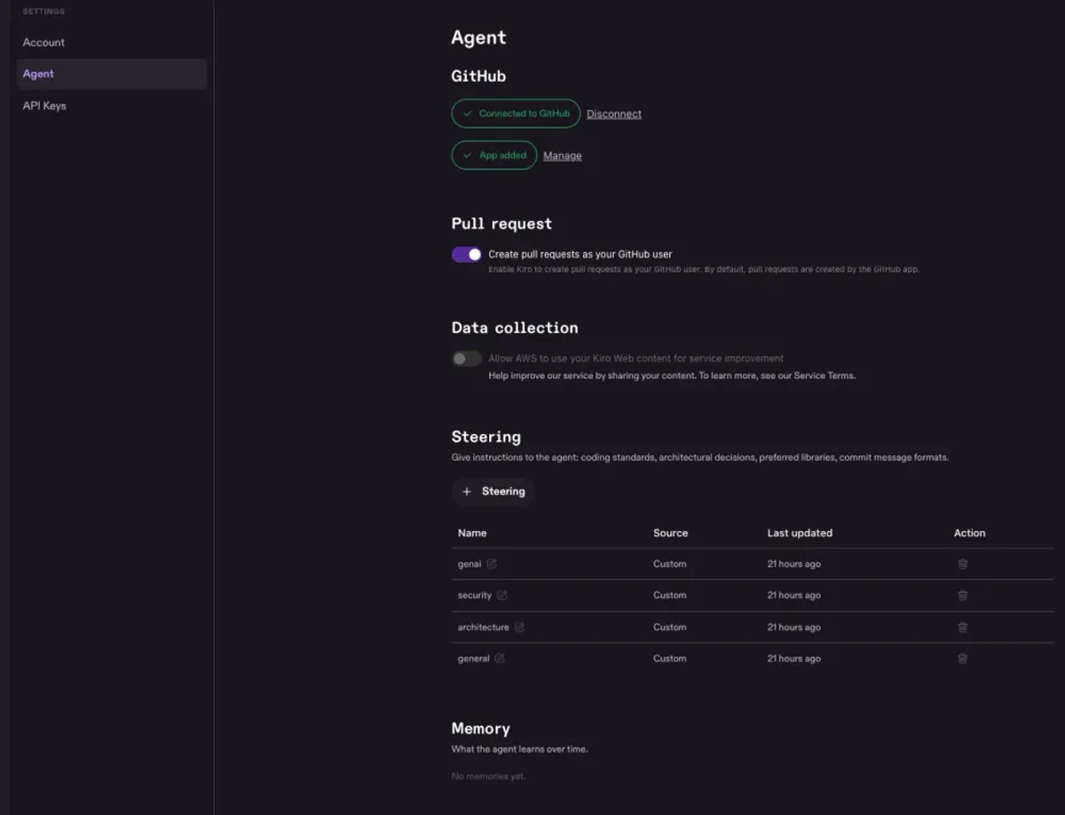 On the web, you connect GitHub or GitLab, and Kiro implements tasks in an isolated sandbox and opens a pull request or merge request when the work is done.