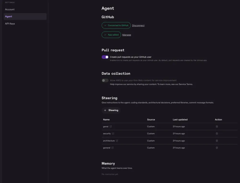 On the web, you connect GitHub or GitLab, and Kiro implements tasks in an isolated sandbox and opens a pull request or merge request when the work is done.