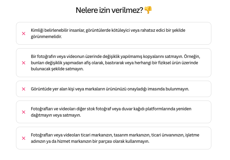 Pexels lisansı birçok kullanıma izin veriyor ama koşulları ve kısıtlamaları var; Pixabay ve Coverr'ın kendi şartları var.