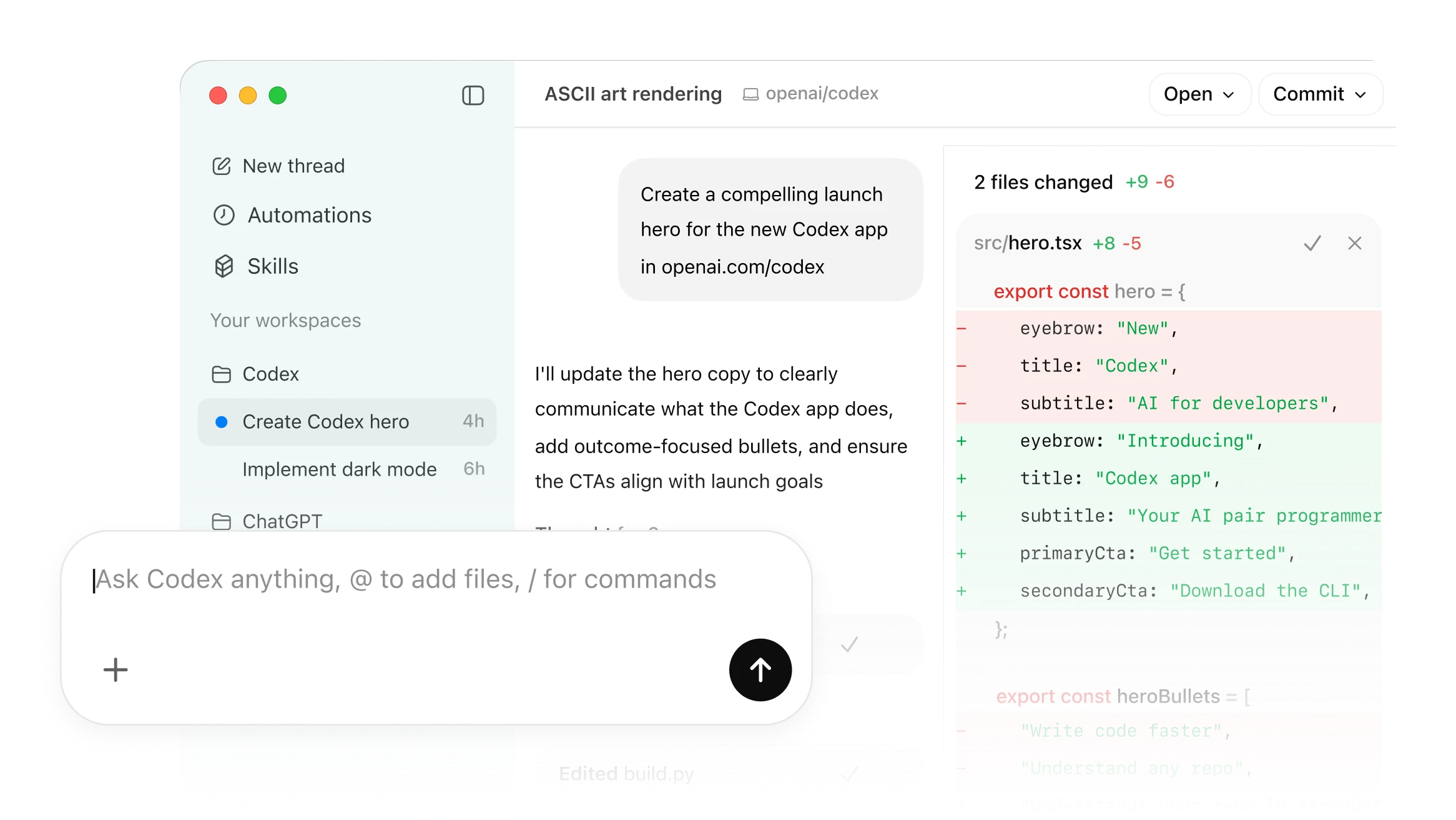Screenshot of Codex app interface with new thread, automations, skills, and code editing panel.