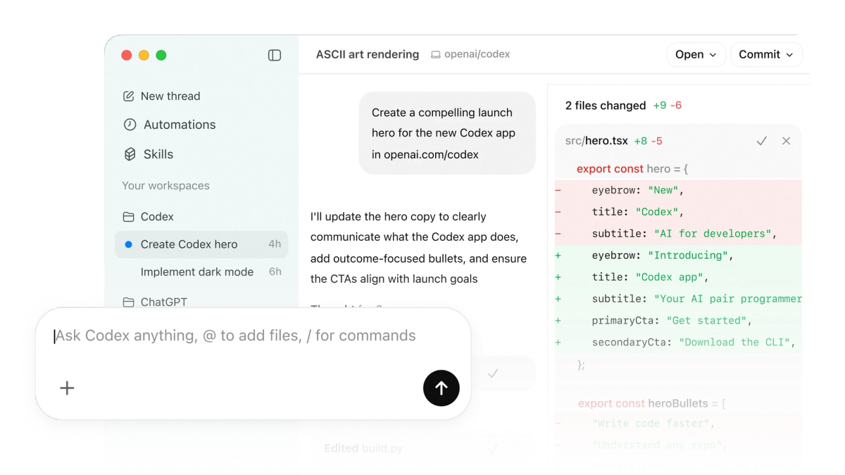 Screenshot of Codex app interface with new thread, automations, skills, and code editing panel.