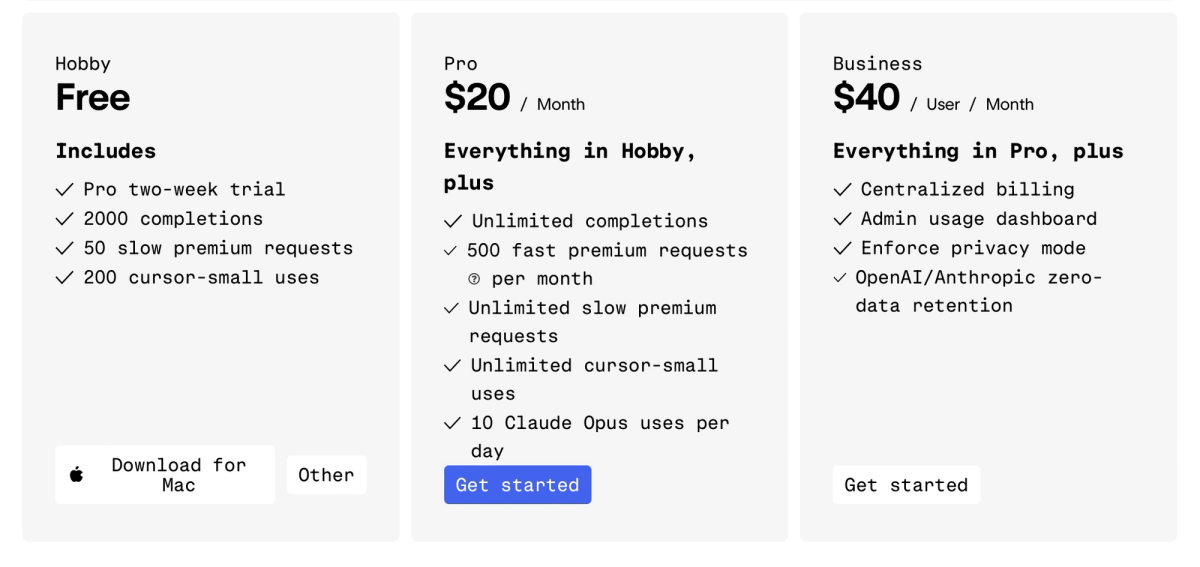 Cursor's structure spans a free tier