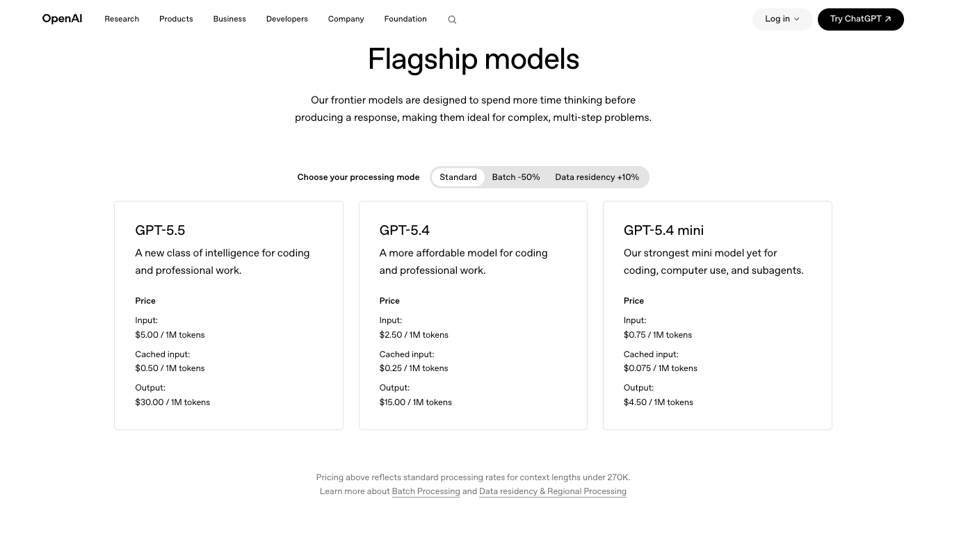 OpenAI's API pricing page
