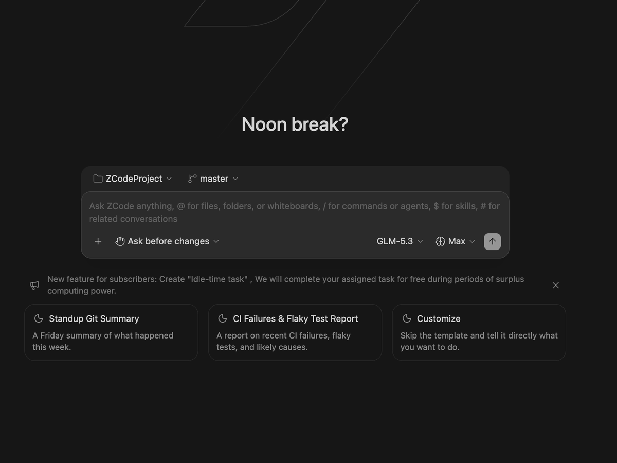 The documented workflow analyzed here is ZCode, Z.ai's own agent. It keeps workspace state, file references, execution mode, and Git branch context inside one task and is closely adapted to GLM 5.3.