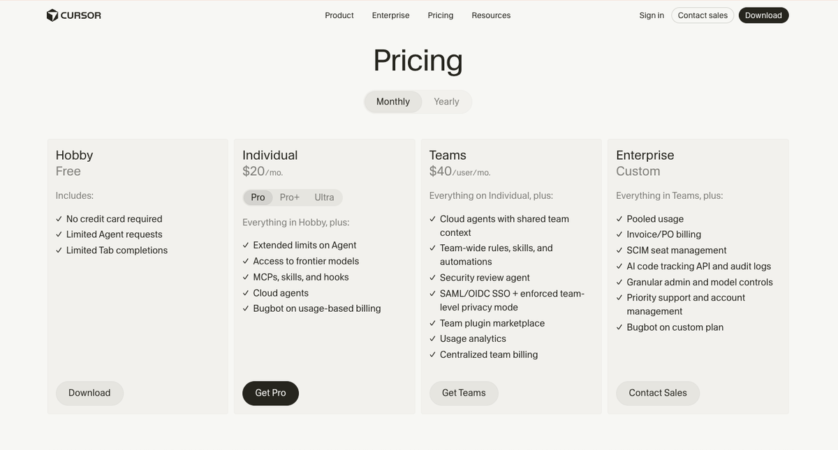Agent mode on Pro handles more complex multi-file changes (see cursor.com/pricing)