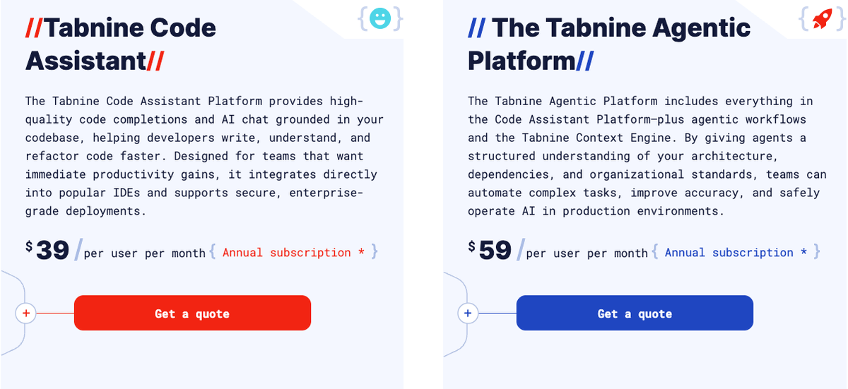 Tabnine's current main pricing page lists two paid plans: the Code Assistant Platform and the Agentic Platform, priced at $39 and $59 per user per month on annual subscriptions