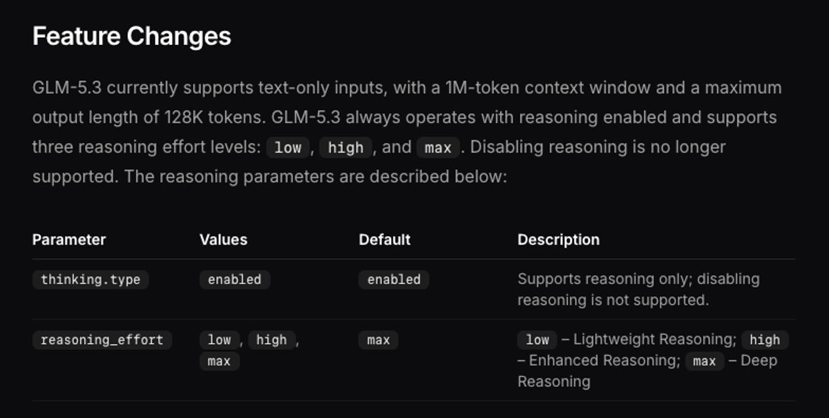 GLM 5.3 is text-only, with a 1M-token context window, a maximum output of 128K tokens, and always-on reasoning. 