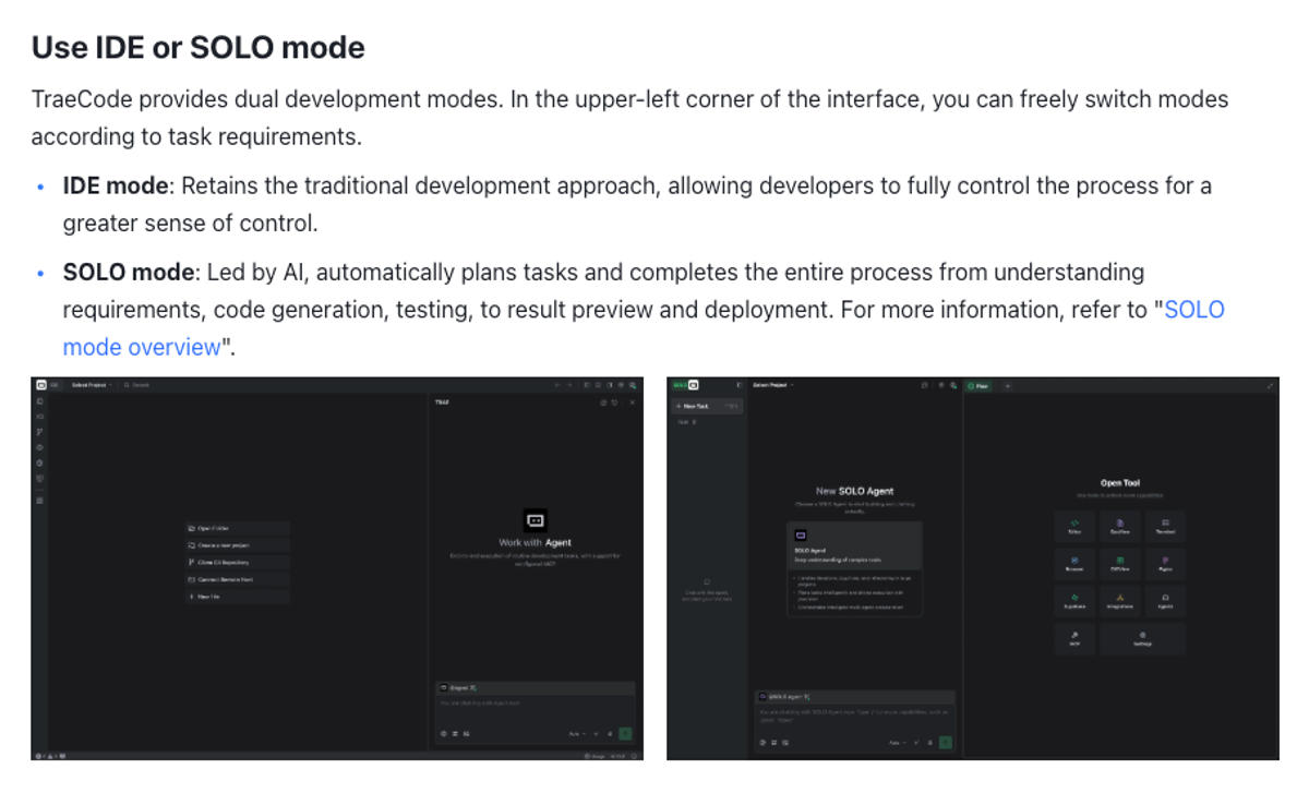 Trae ships two development modes you switch between in the top-left corner