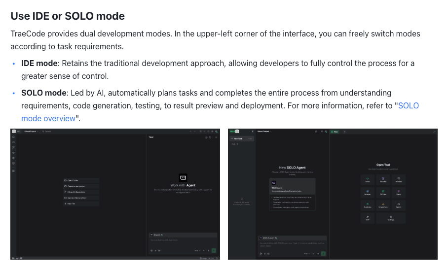 Trae ships two development modes you switch between in the top-left corner
