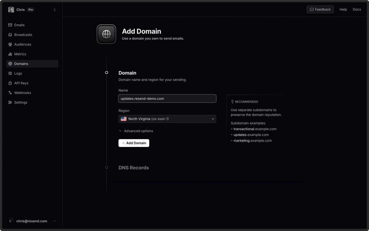 Resend Add Domain screen recommending a sending subdomain.
