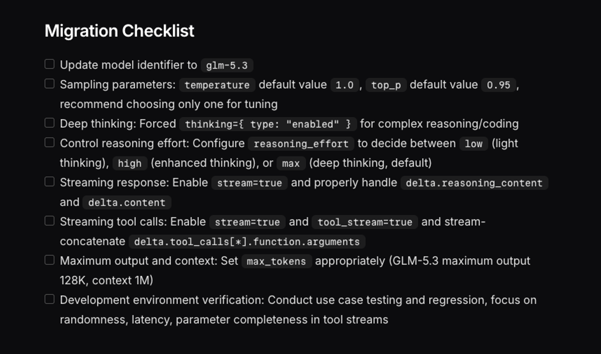 Z.ai's GLM 5.3 migration checklist says to enable thinking and set reasoning_effort to low before changing the model ID; otherwise, the request returns an error.