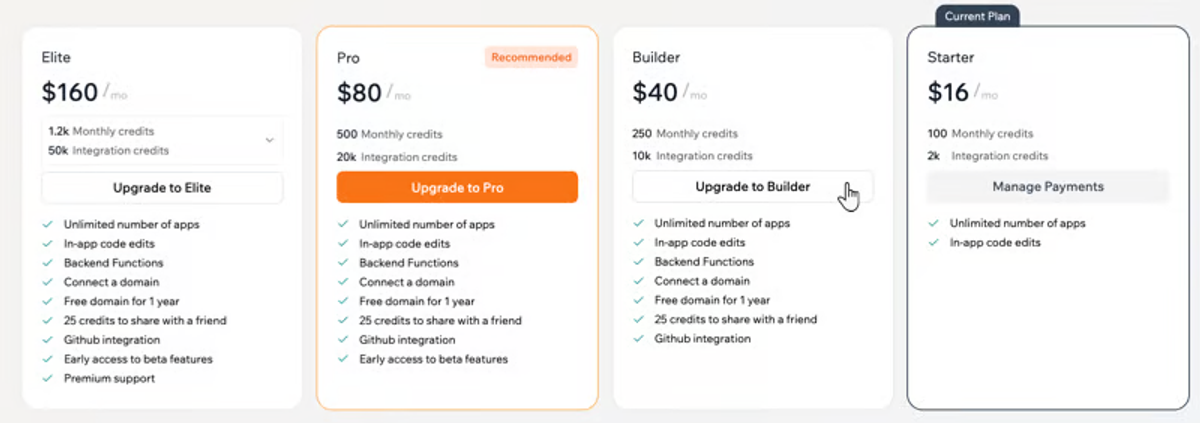 Base44 in-product Starter plan card with message and integration credits.