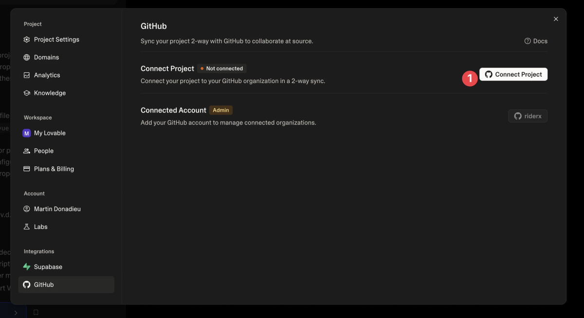 Lovable GitHub settings for two-way project sync.