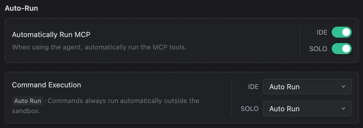 With command Auto-Run enabled, commands execute outside the sandbox and bypass security checks. 