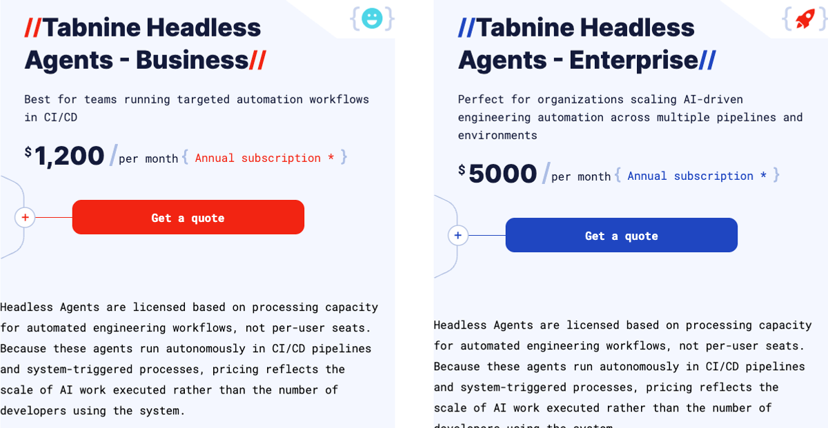 Tabnine's headless-agent pricing is based on processing-capacity tiers for automated engineering workflows