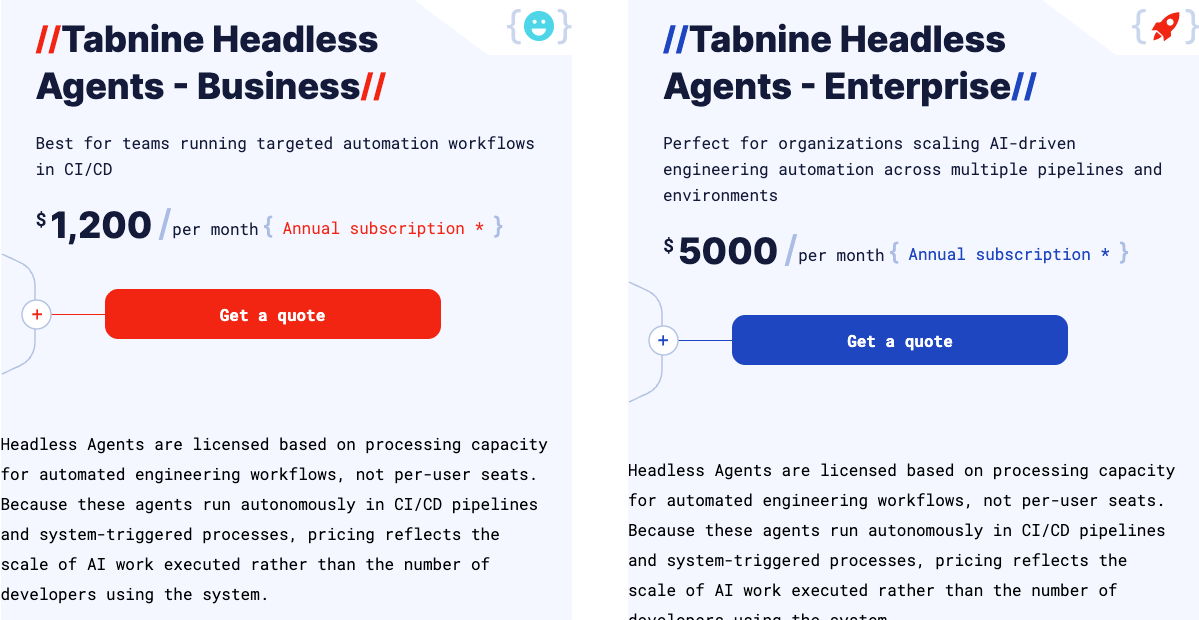 Tabnine's headless-agent pricing is based on processing-capacity tiers for automated engineering workflows