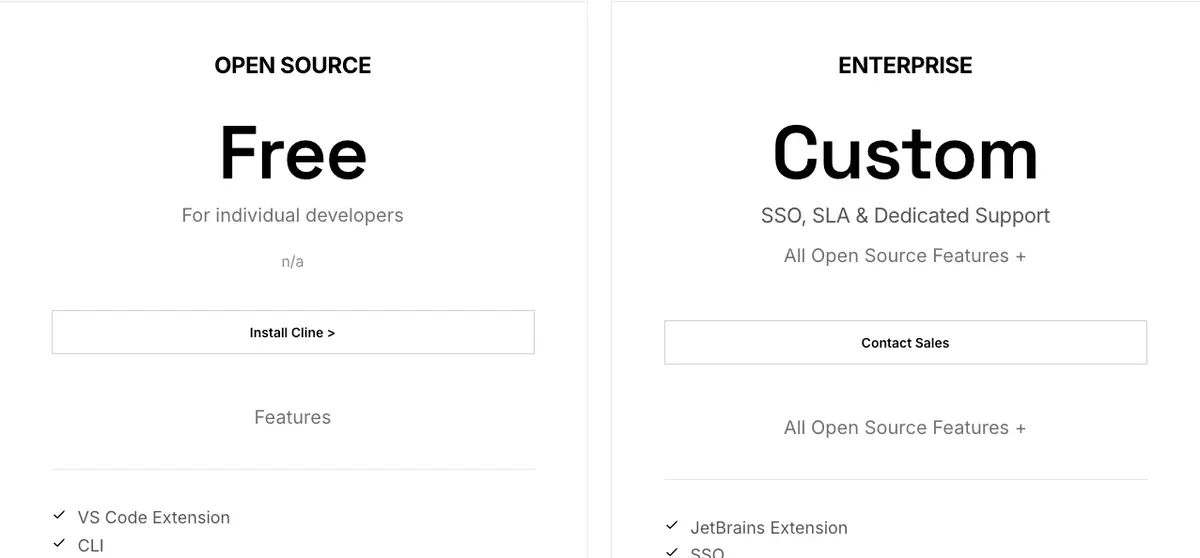 Cline lists its individual open-source extension as free
