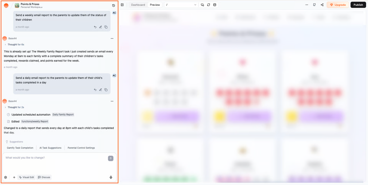 Base44 builder chat and preview with Visual Edit control.